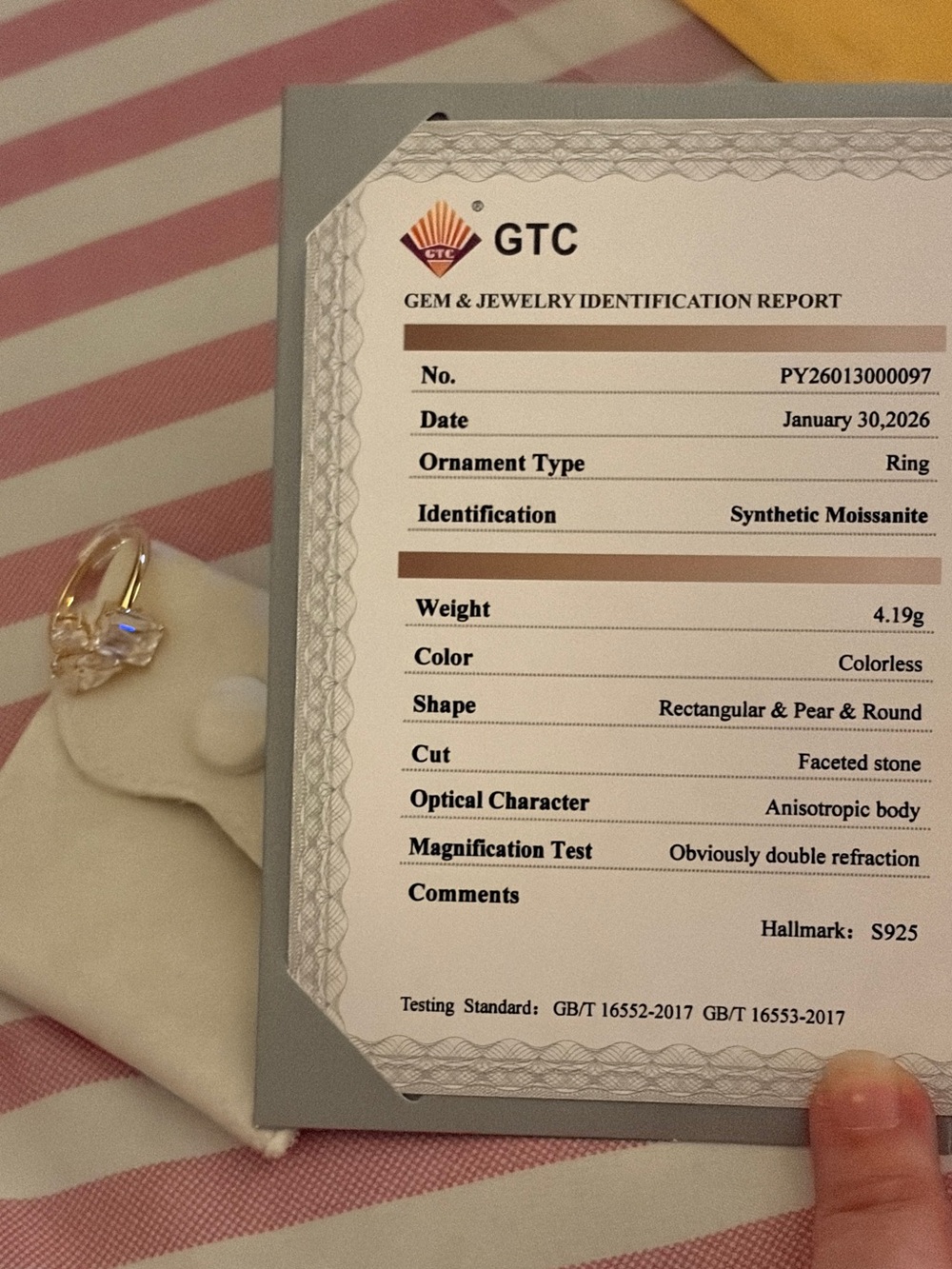 S925 Gold-Tone Ring with 5CT “Toi et Moi” Colorless Moissanite SIZE 9